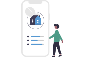 Illustration of a person looking at a house on their mobile phone