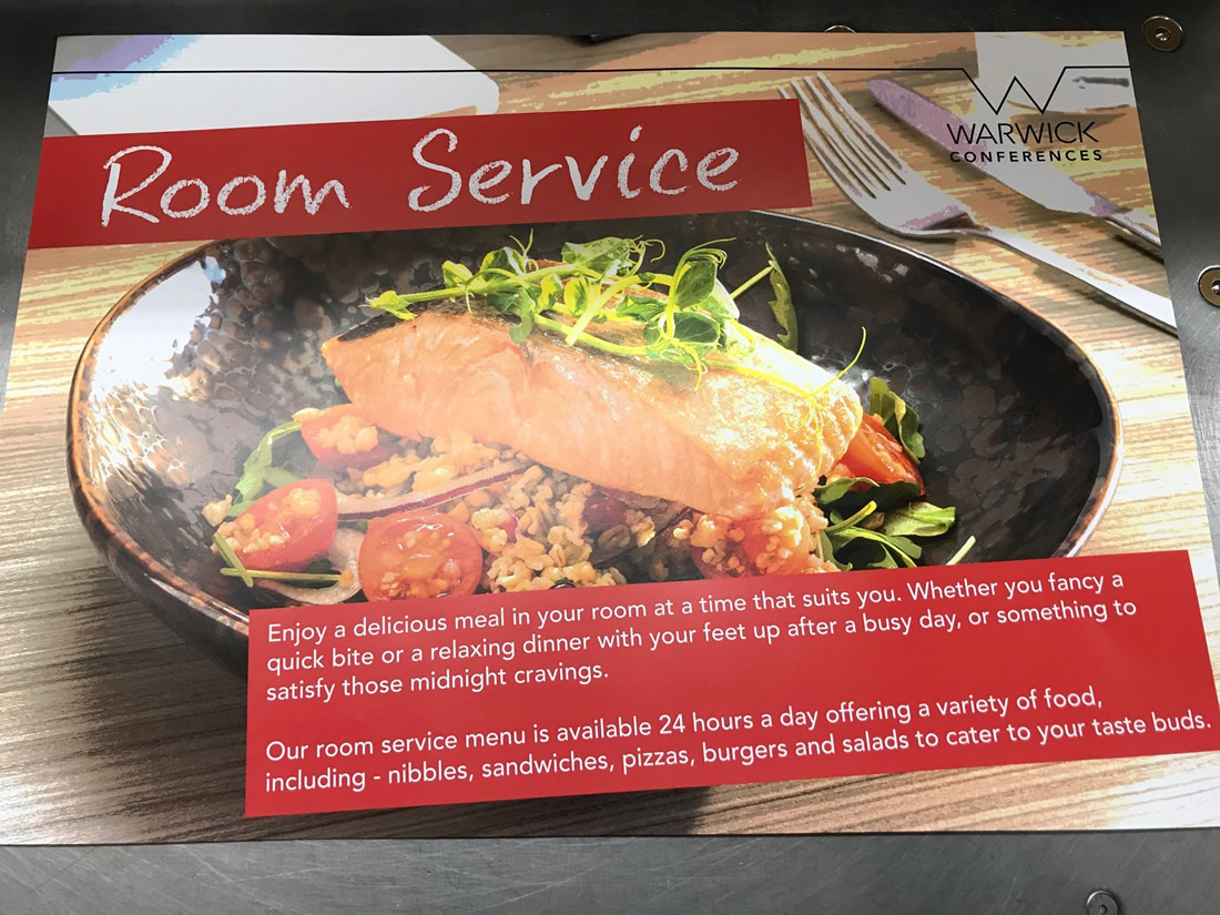 Info poster for Warwick Conferences advertising their room service