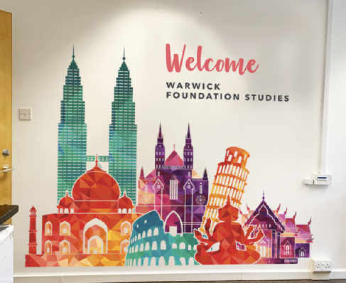 Welcome graphic in the Warwick Foundation Stidies corridor
