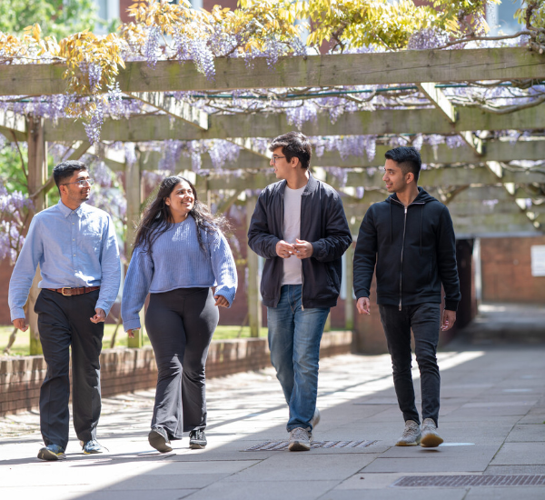 four students walking on campus under a trellis with wisteria growing