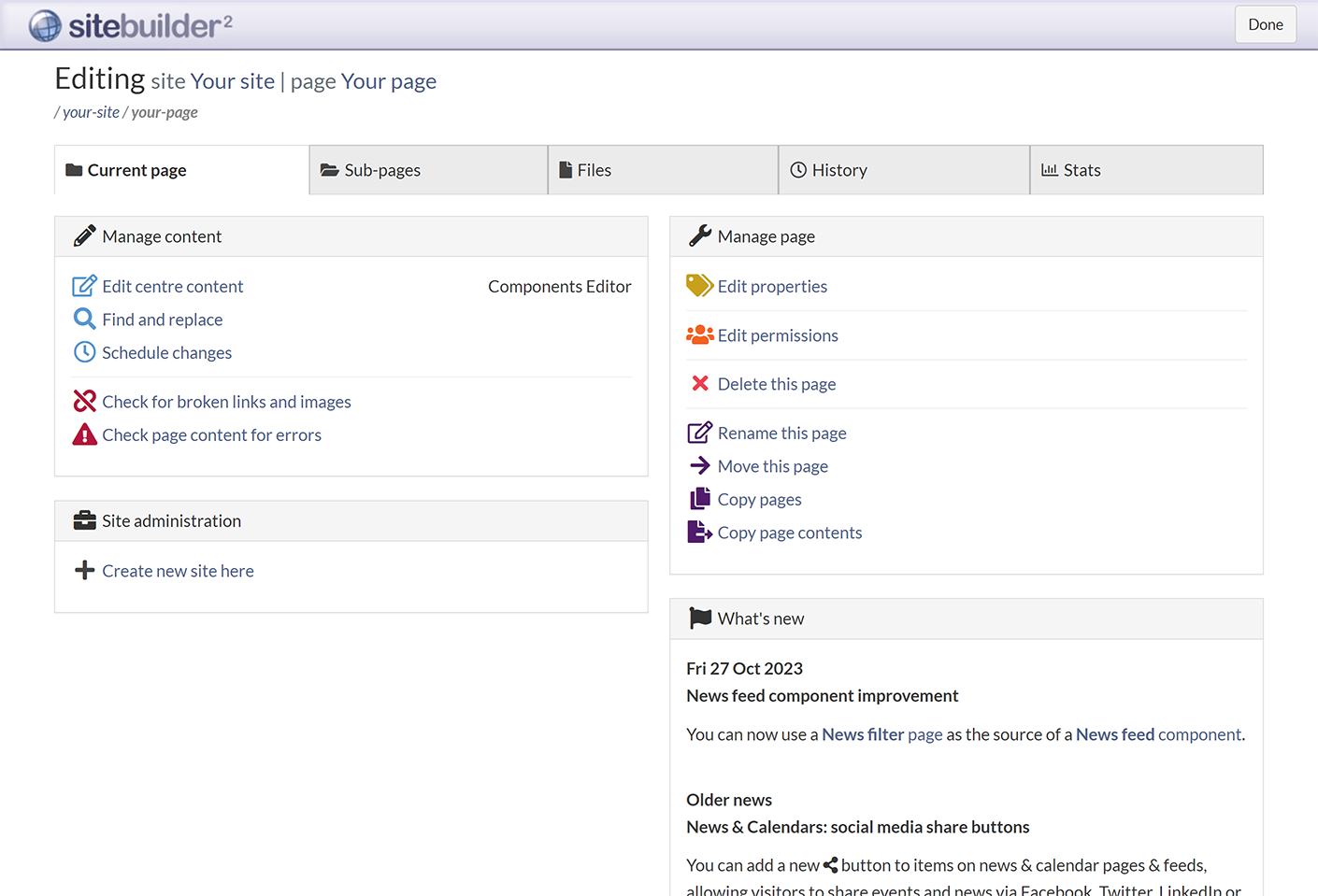 The 'Current page' tab in SiteBuilder