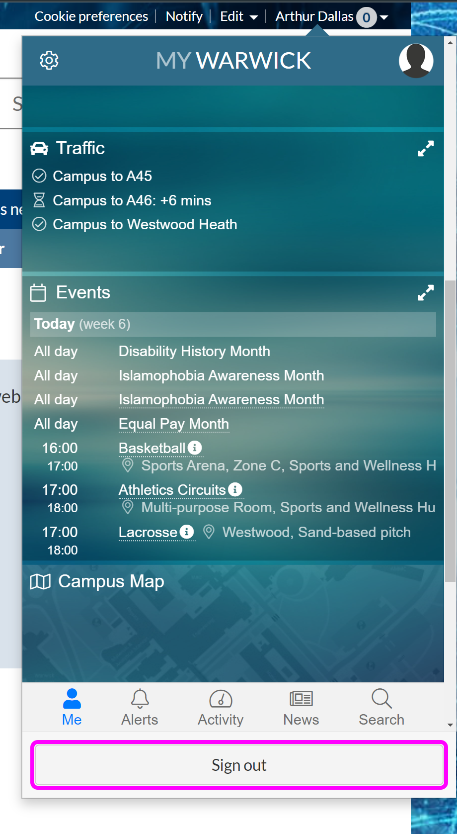 The 'Sign out' button highlighted at the bottom of the 'My Warwick' panel