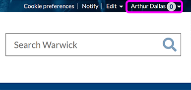 A signed in user's name displayed in the top right corner of a SiteBuilder page