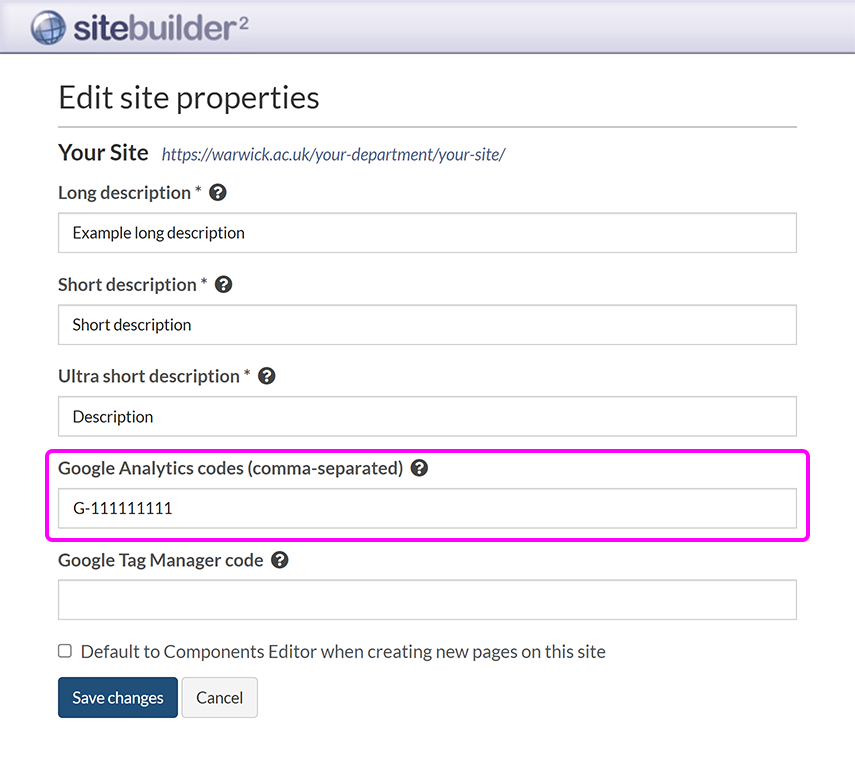The 'Edit site properties' screen, with the 'Google Analytics codes' field highlighted