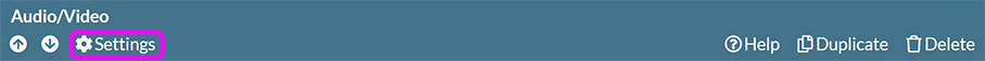 The component toolbar for an Audio/video component, with the 'Settings' option highlighted