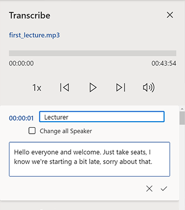 Editing a section in the transcription