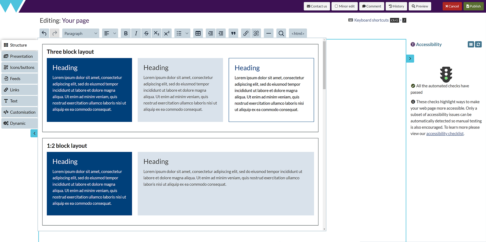 The Components Editor screen, with the '/sitebuilder/manual/content/blocks/structure' menu open