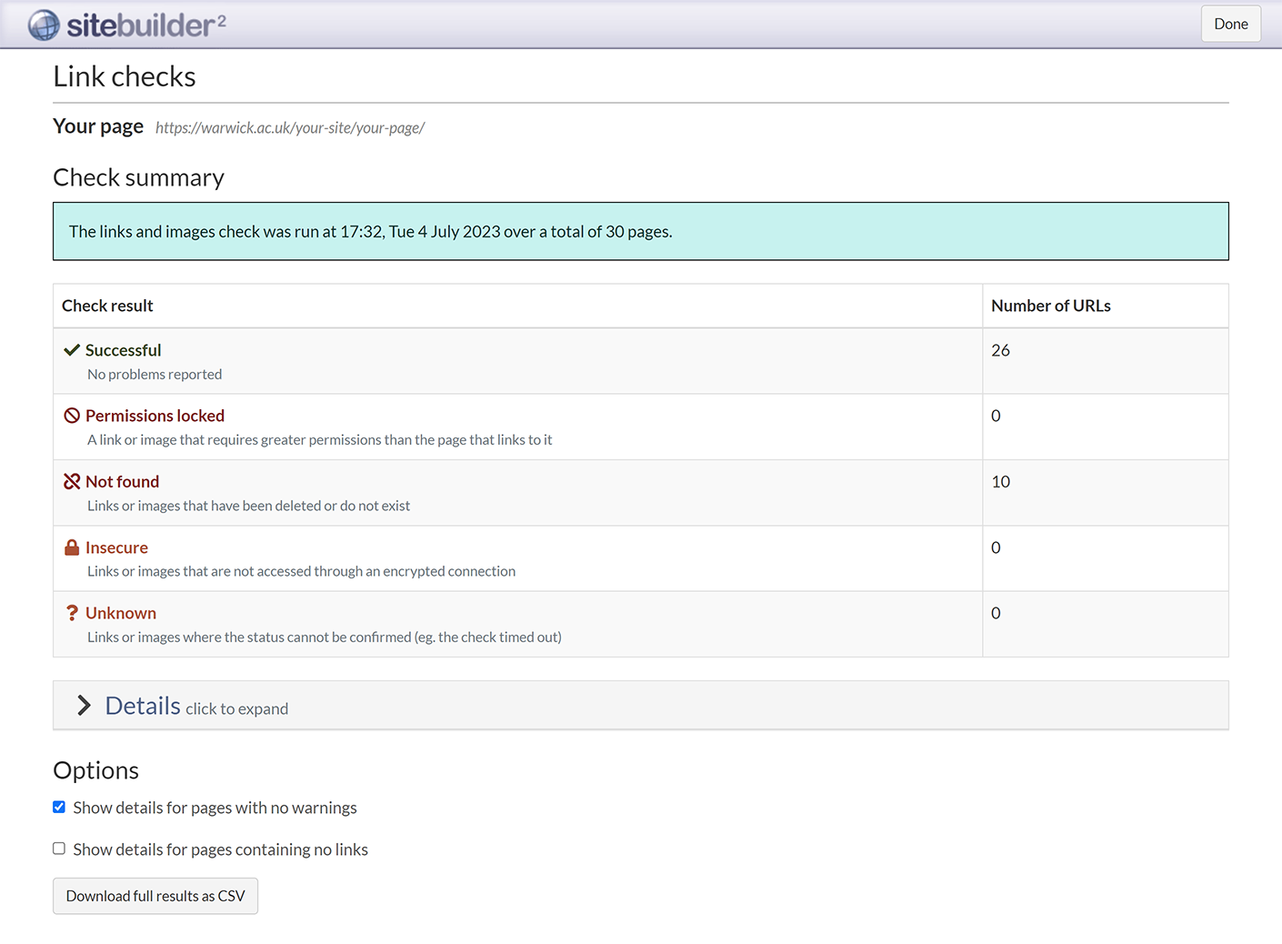 A link check summary