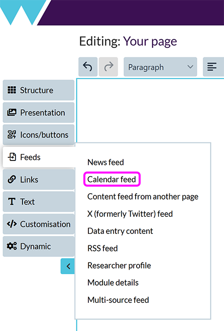 The 'Add content feeds' menu in the Components Editor, with the 'Calendar feed' option highlighted