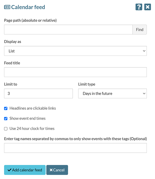 The 'Calendar feed' pop-up window