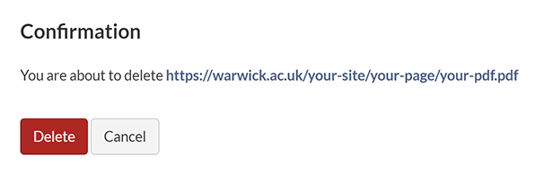 The confirmation pop-up to delete the selected pages