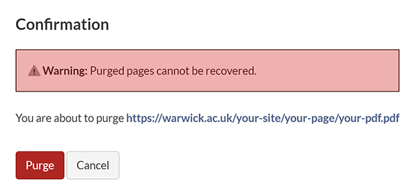 The confirmation pop-up to purge the selected files