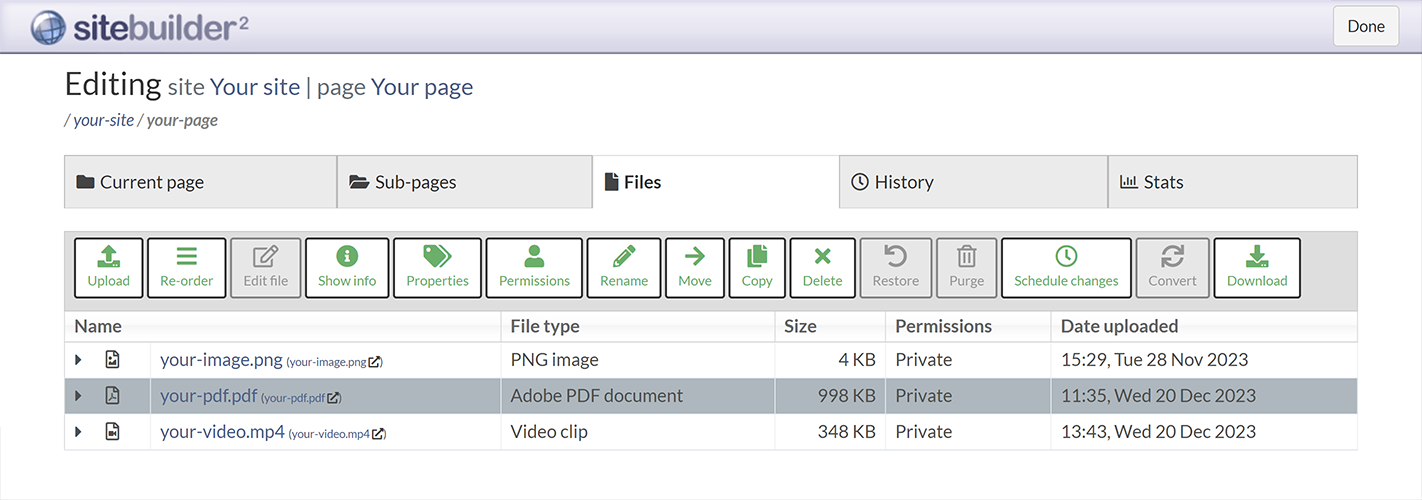 The 'Sub-pages' screen, with pages to be deleted selected, and the 'Delete' button highlighted