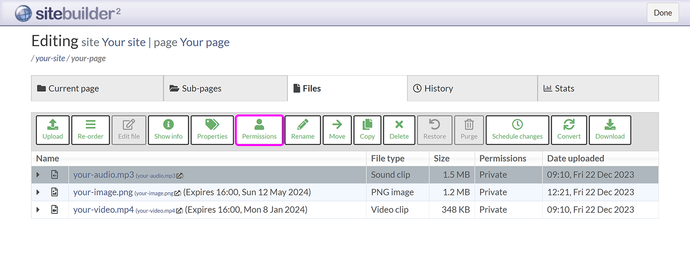 The 'Files' tab in SiteBuilder, with a file selected and the 'Permissions' button highlighted