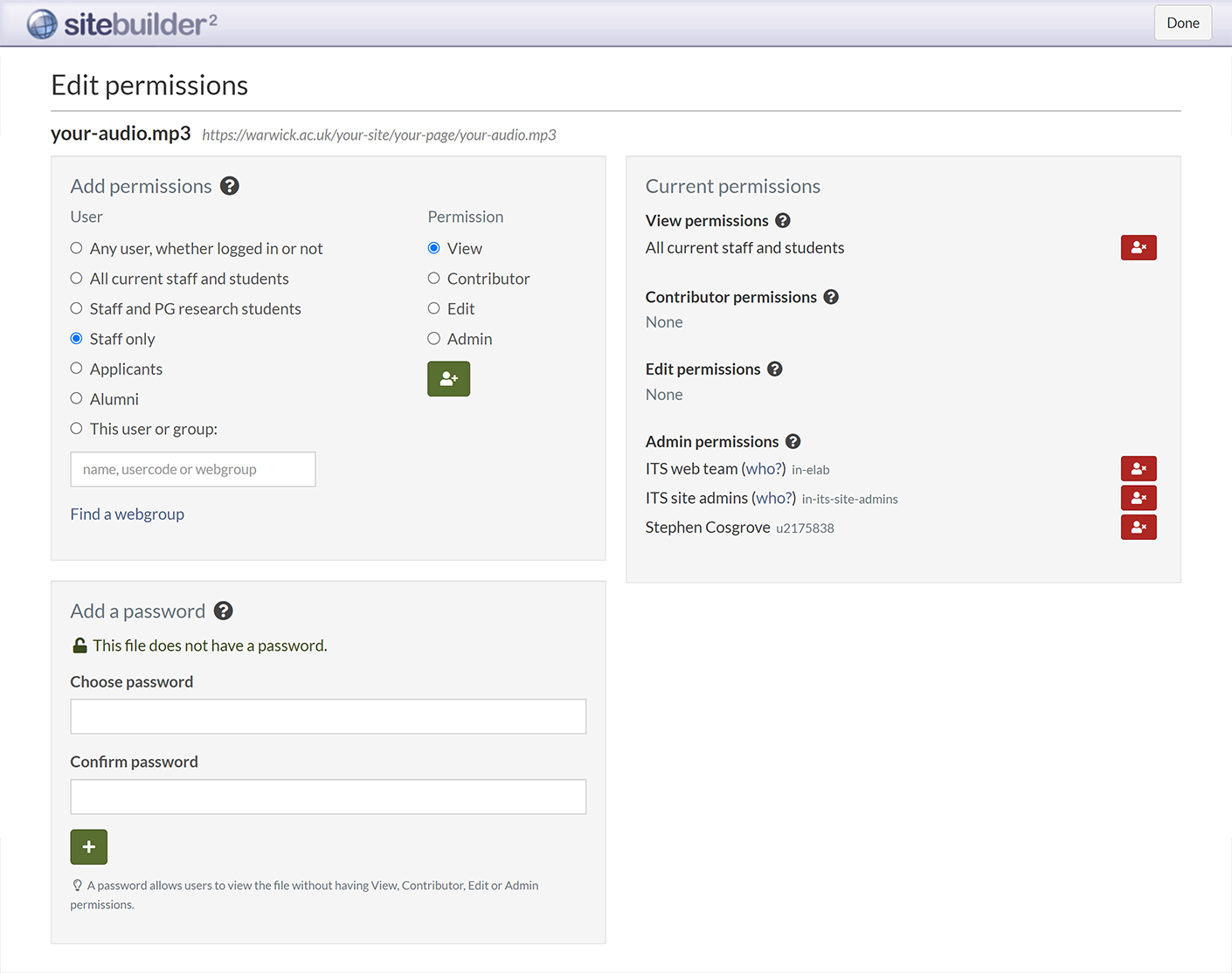 The 'Edit permissions' screen for a single selected file