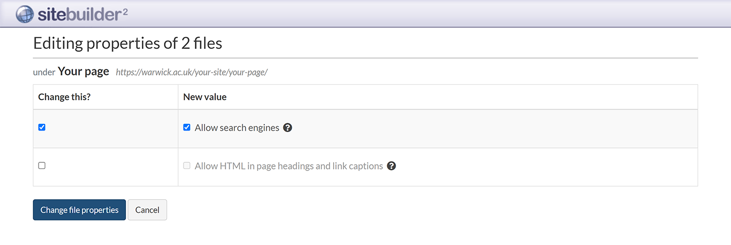 The 'Editing properties' screen