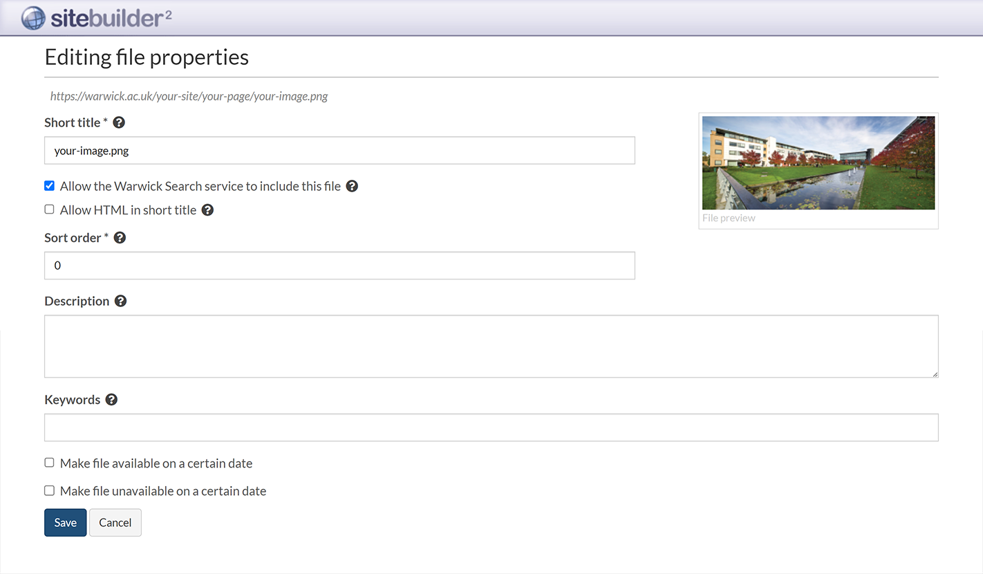 The 'Editing file properties' screen