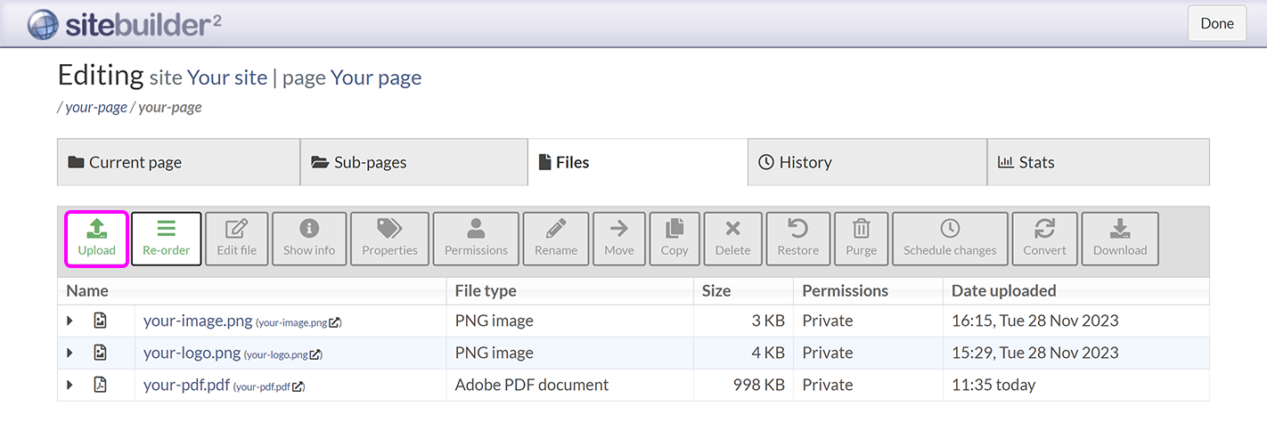 The SiteBuilder 'Files' tab, with the 'Upload' button highlighted