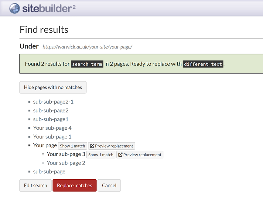 The 'Find results' screen, showing a list of pages and their matching results