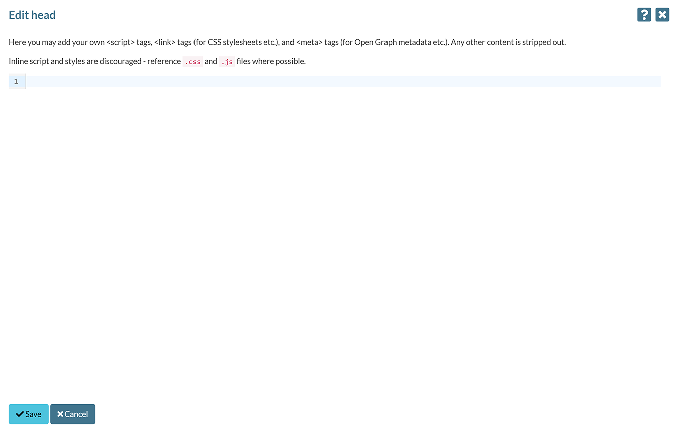 The 'Edit head' pop-up, with some example CSS entered
