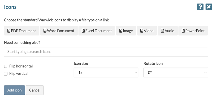 The 'Icons' options pop-up
