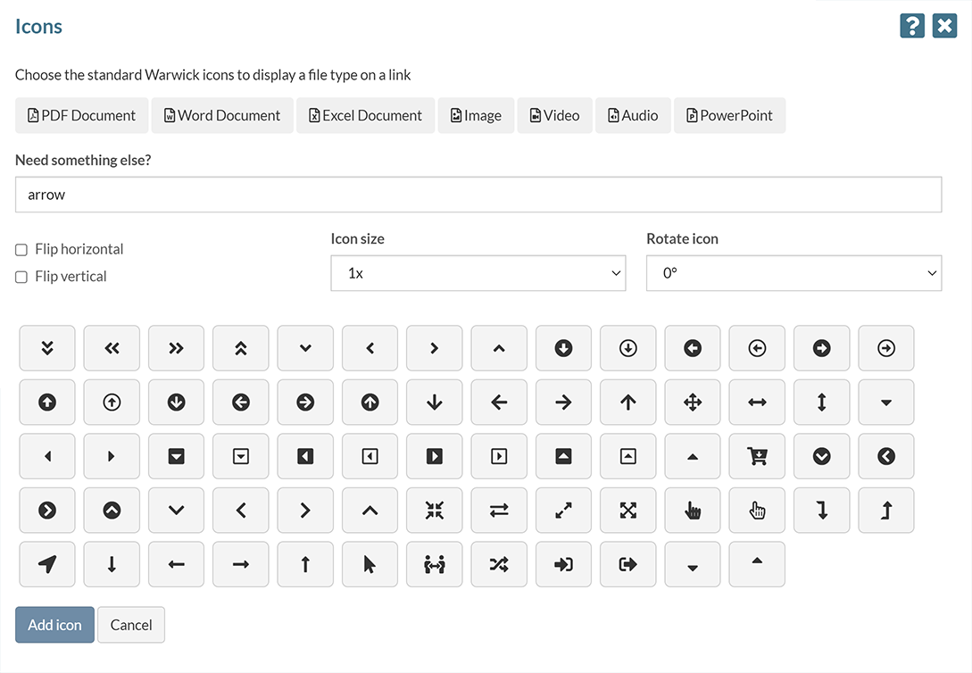 The 'Icons' options pop-up, displaying results for 'arrow'