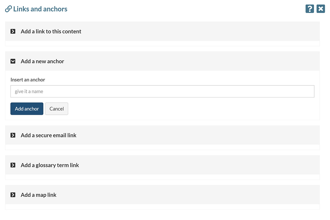 The 'Links and anchors' pop-up, displaying the options for a new anchor