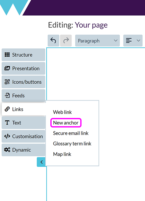 The 'Links' menu, with the 'New anchor' option highlighted