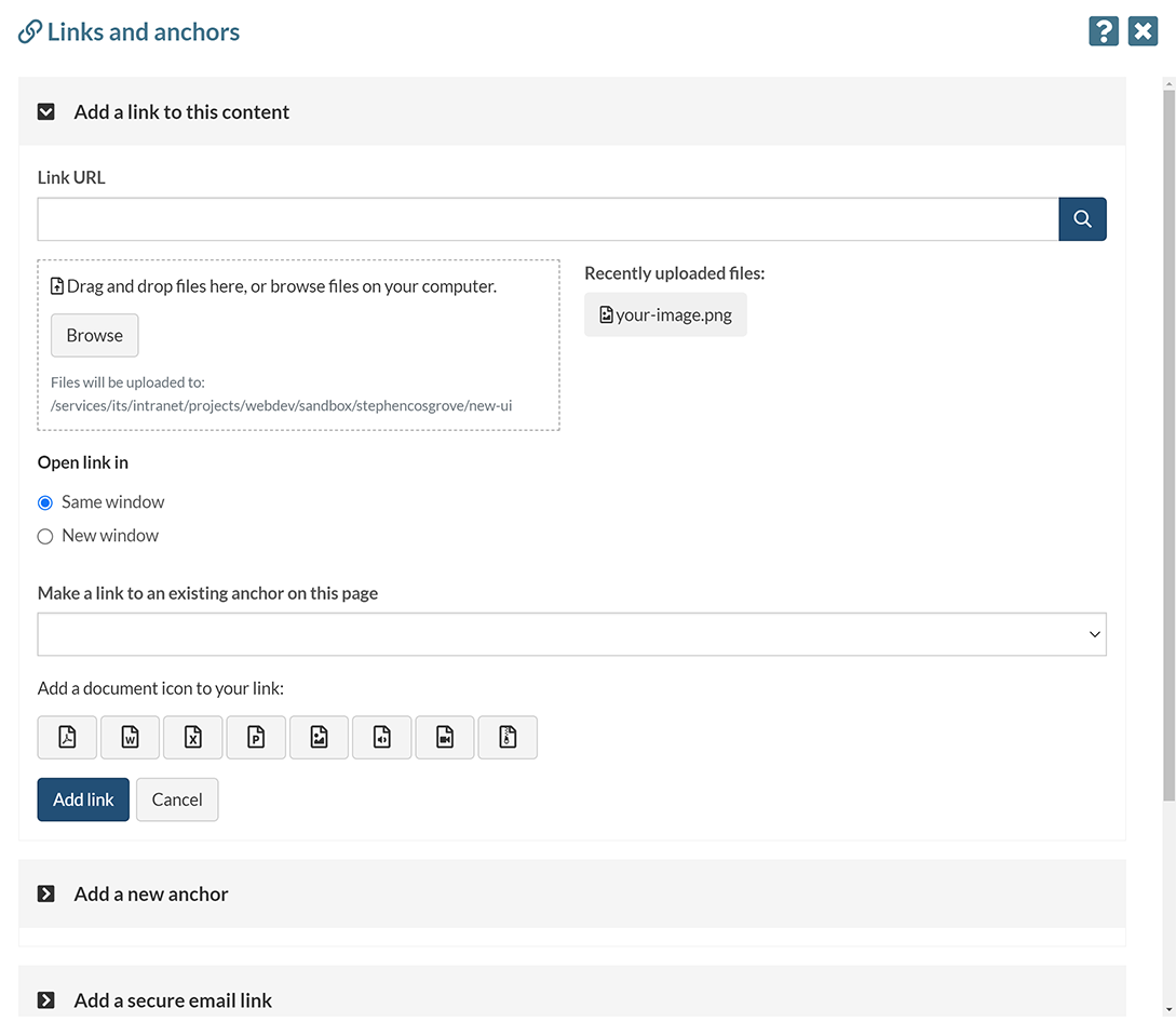 The 'Links and anchors' pop-up, displaying the options for a link