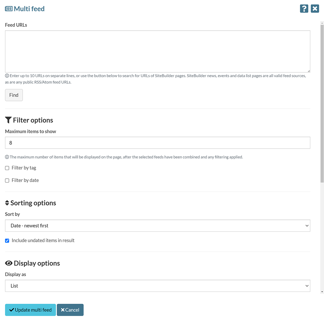 The 'Multi feed' options pop-up