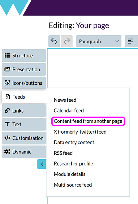 The 'Add content feed' menu, with the 'Content feed from another page' option highlighted