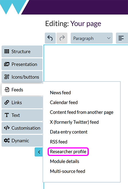 The 'Add content feeds' menu, with the 'Researcher profile' option highlighted