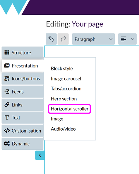 The 'Add special features' menu, with the 'Horizontal scroller' option highlighted