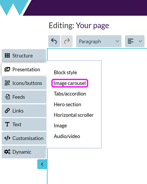 The 'Add images/media' menu, with the 'Carousel' option highlighted