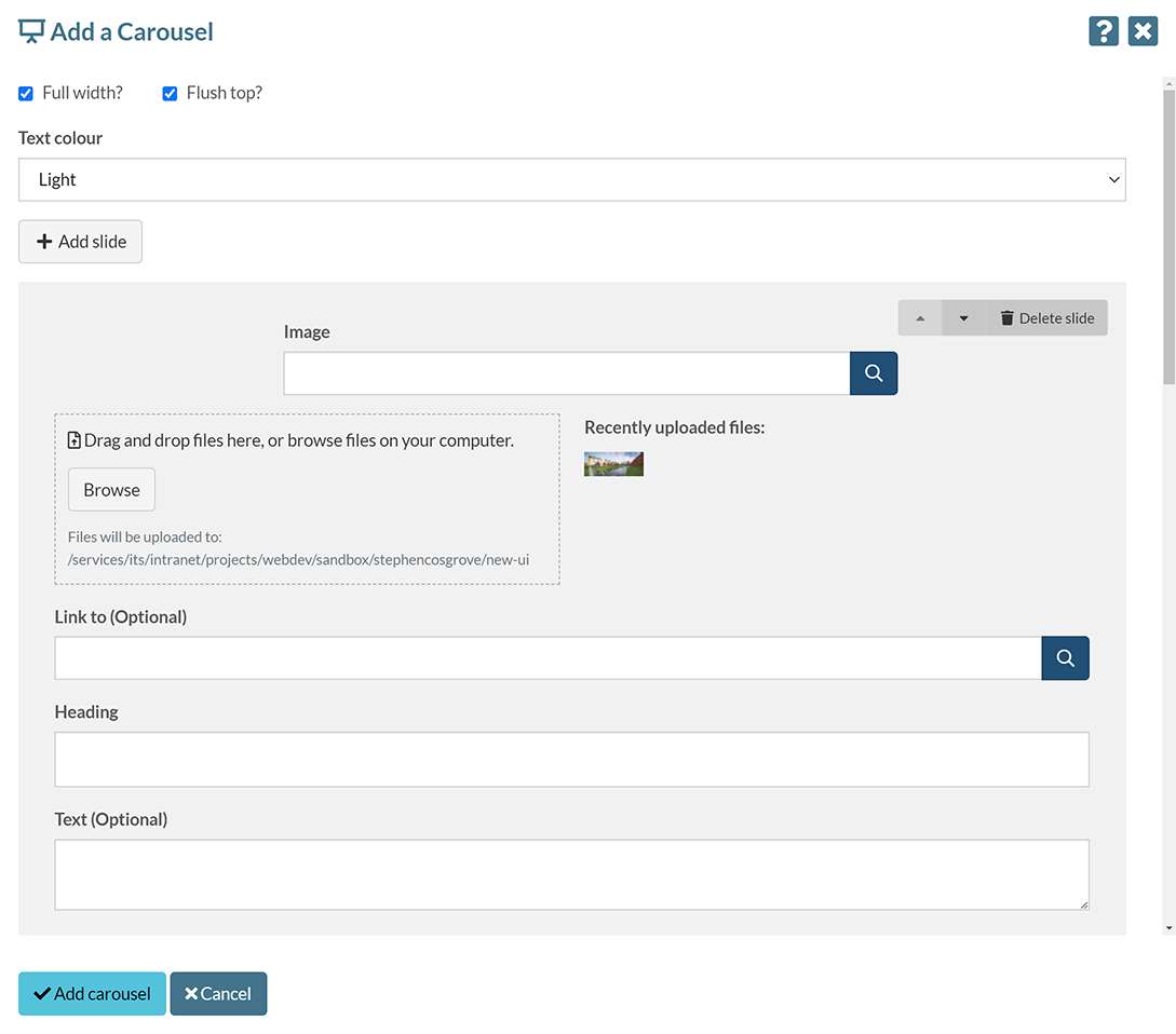 The 'Add a carousel' pop-up