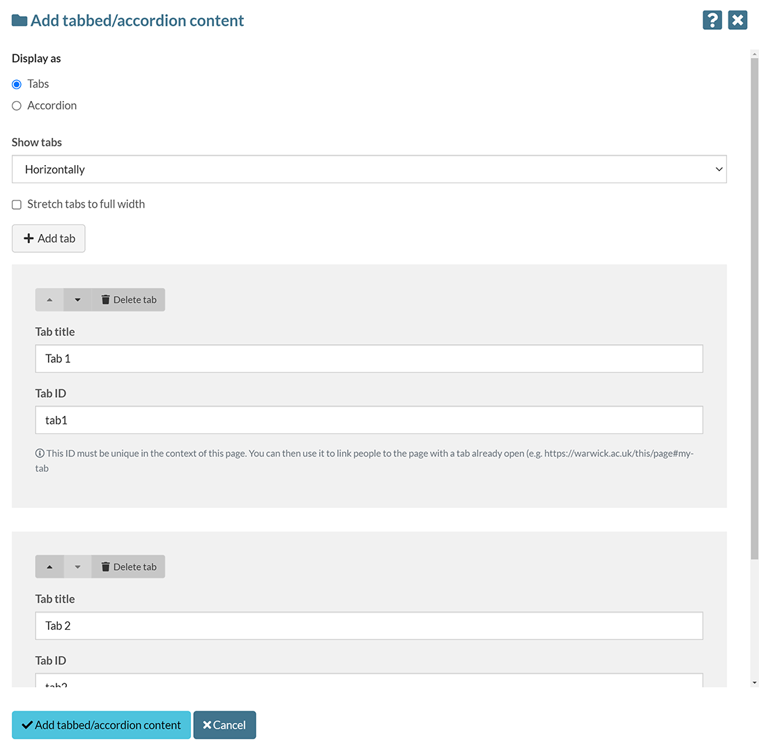 The 'Add tabbed/accordion content' options pop-up