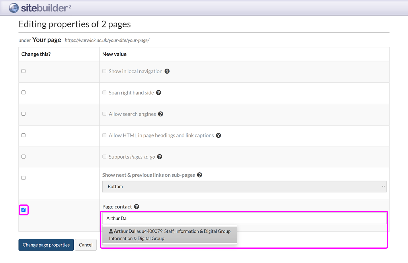 The 'Editing properties' screen, highlighting the 'Page contact' box with auto-filled suggestions