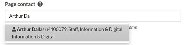 The 'Page contact' box with auto-filled suggestions