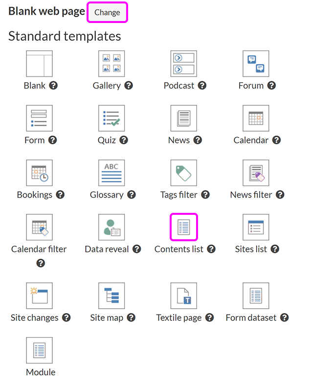 The 'Create new page' screen, with the option to create a Contents page highlighted