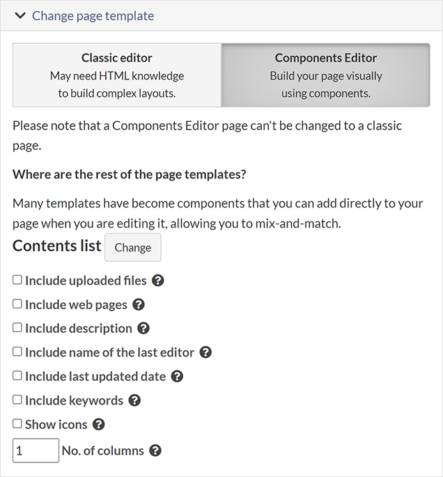 Options for a new Contents list page