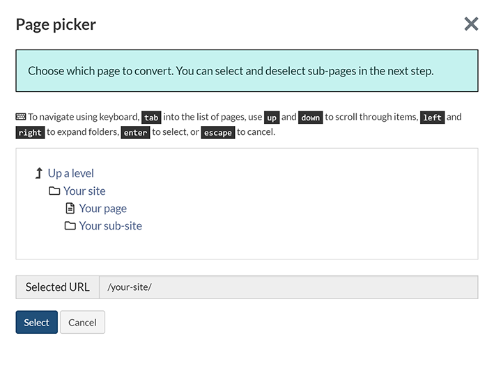 The Page picker for bulk conversion