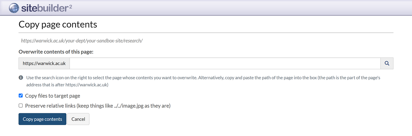 The 'Copy page contents' screen