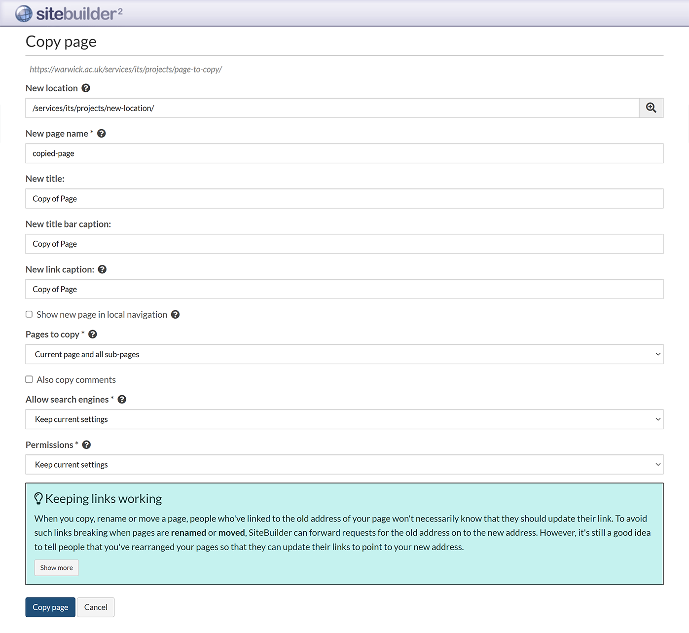 The 'Copy page' screen