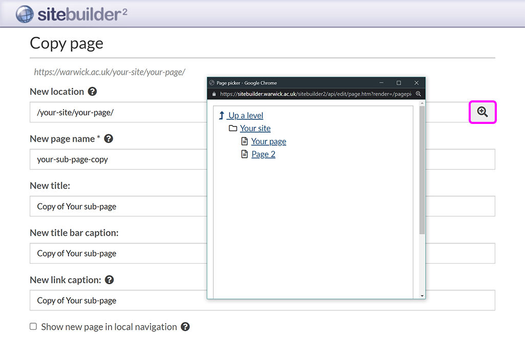 The 'Copy page' screen, with the 'Find a page' button highlighted and the page picker window open