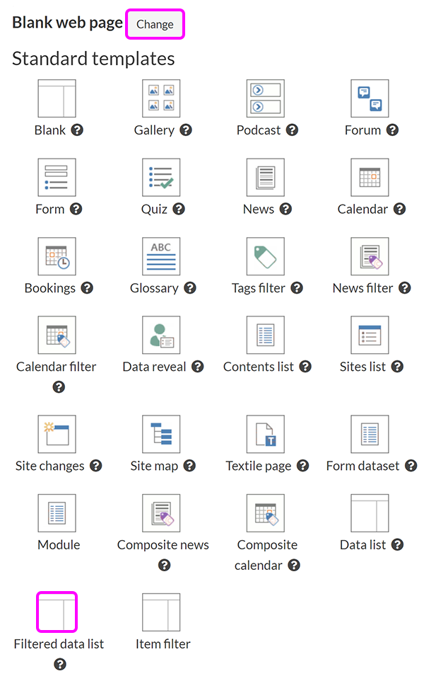 The 'New page' screen, showing the available template options with 'Data filter' highlighted