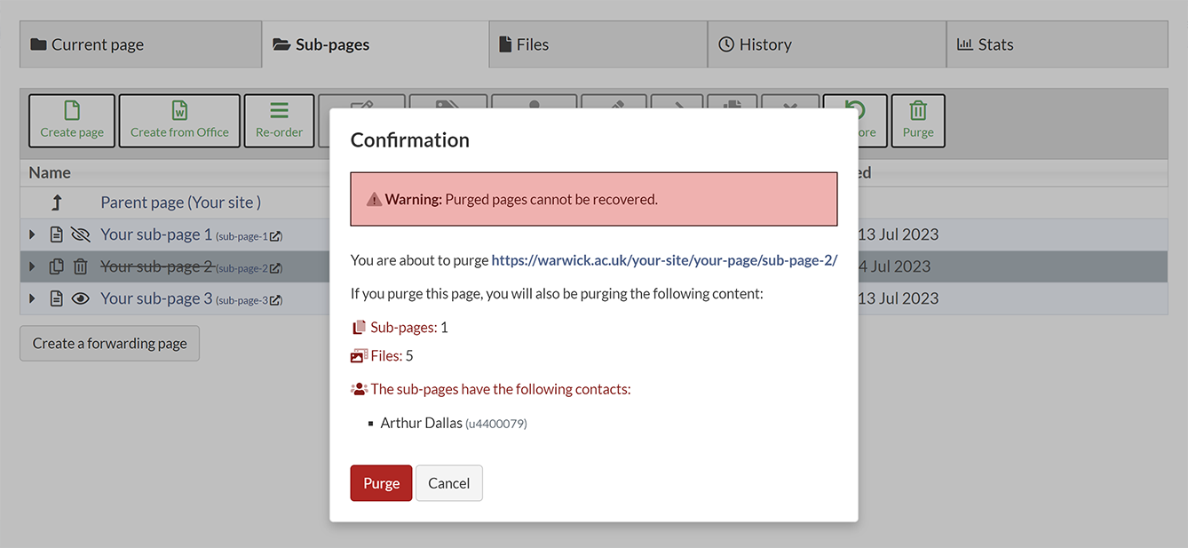 The confirmation pop-up to purge the selected pages