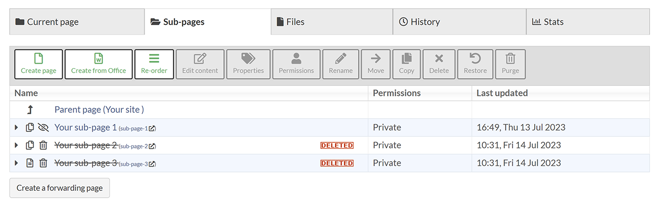 The 'Sub-pages' tab in SiteBuilder, showing some active and some deleted pages