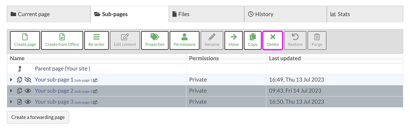 The 'Sub-pages' screen, with pages to be deleted selected, and the 'Delete' button highlighted