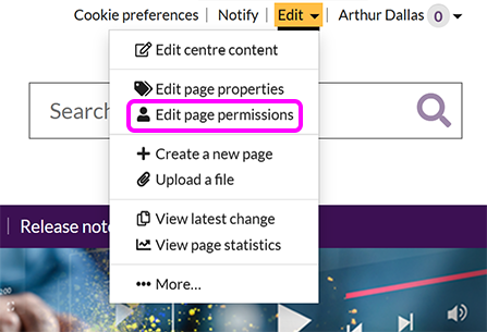 The SiteBuilder 'Edit' menu, with the 'Edit permissions' option highlighted