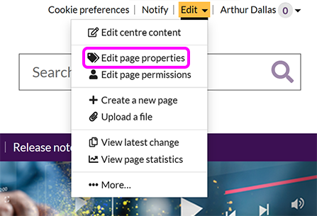 The SiteBuilder 'Edit' menu, with the 'Edit page properties' option highlighted